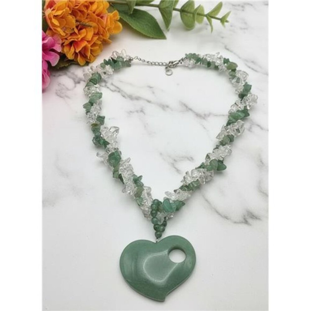 Green Aventurine Clear Quartz Chip Necklace Carved Heart Pendant 17 In Artisan